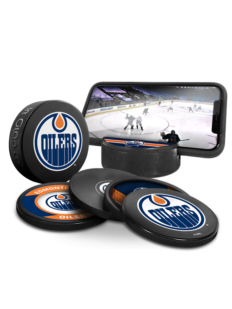 NHL Edmonton Oilers Ultimate Fan 3-Pack. Includes: 1 NHL Official Classic Souvenir Hockey Puck / 4 Coasters / 1 Media Device Holder
