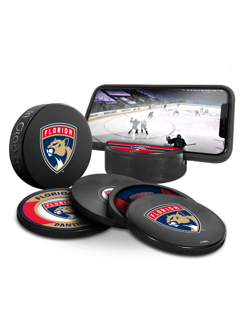NHL Florida Panthers Ultimate Fan 3-Pack. Includes: 1 NHL Official Classic Souvenir Hockey Puck / 4 Coasters / 1 Media Device Holder