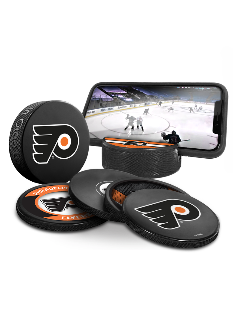 NHL Philadelphia Flyers Ultimate Fan 3-Pack. Includes: 1 NHL Official Classic Souvenir Hockey Puck / 4 Coasters / 1 Media Device Holder