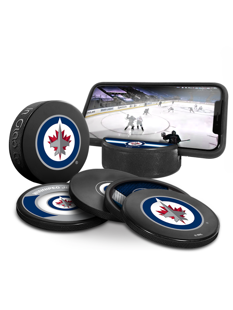 NHL Winnipeg Jets Ultimate Fan 3-Pack. Includes: 1 NHL Official Classic Souvenir Hockey Puck / 4 Coasters / 1 Media Device Holder