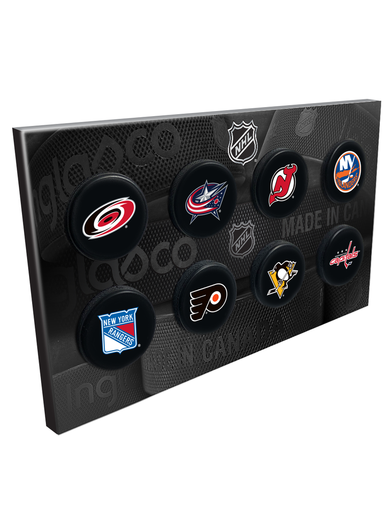 NHL Mini Hockey Puck Tabletop Display. This mini puck collection features all 8 Metropolitan Division NHL Teams- collect all four divisions!