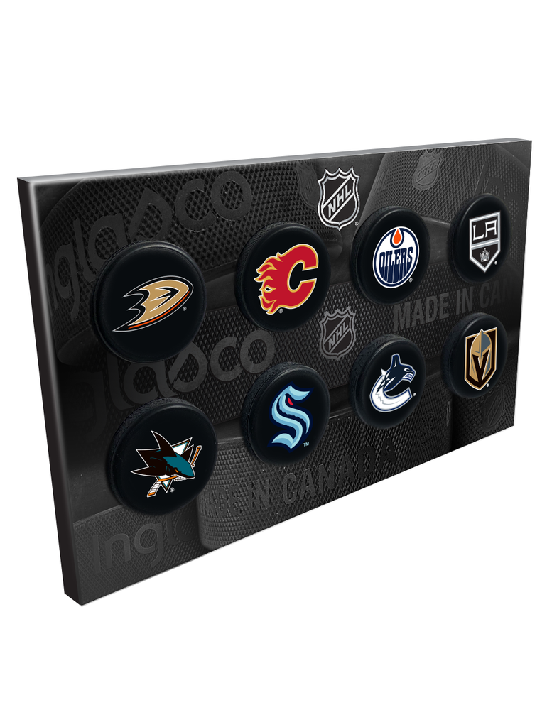 NHL Mini Hockey Puck Tabletop Display. This mini puck collection features all 8 Pacific Division NHL Teams- collect all four divisions!