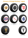 Hockey Puck Presentation Wall Plaque. Proudly Display Your Puck Collection. Includes one NHL Vintage Shield and the NHL Original Six Vintage Souvenir Collector hockey pucks.