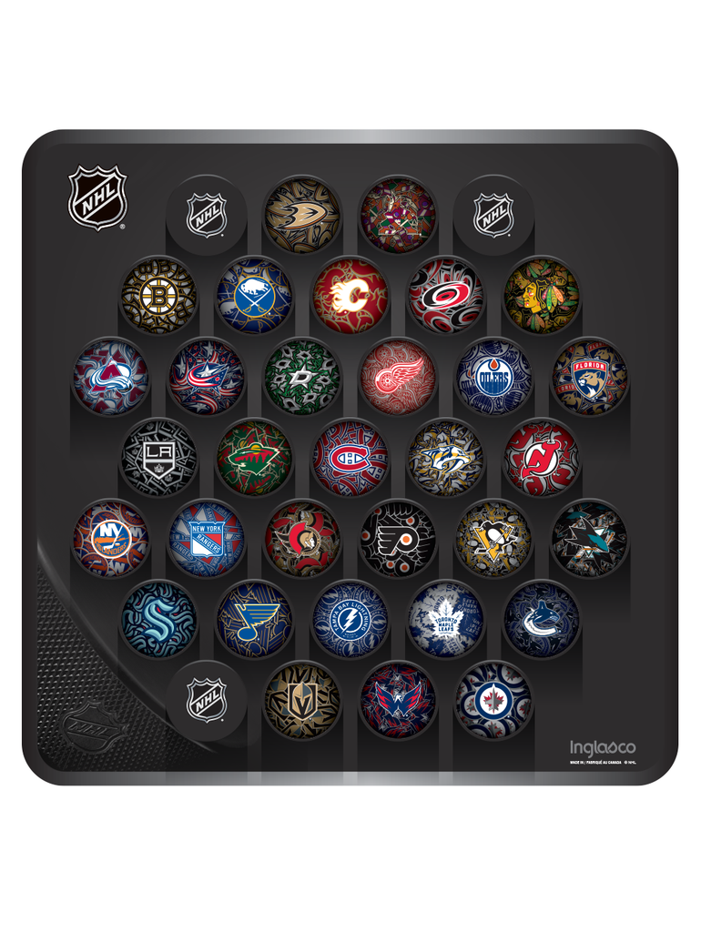 NHL Hockey Puck Wall Plaque. All 32 NHL Team Clone Souvenir Collector Pucks + 3 NHL Shield Hockey Pucks